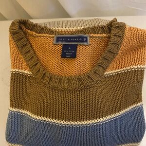 Post & Powell Striped Knit Sweater in Blue, Brown, and Tan size L